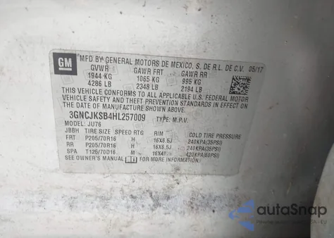 2017 Chevrolet Trax Ls из США, поврежденный, VIN 3GNCJKSB4HL257009